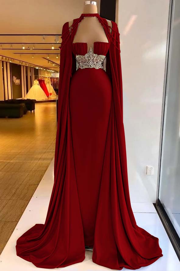 Straps Satin Beading Floor-Length Mermaid Prom Dress with Cape