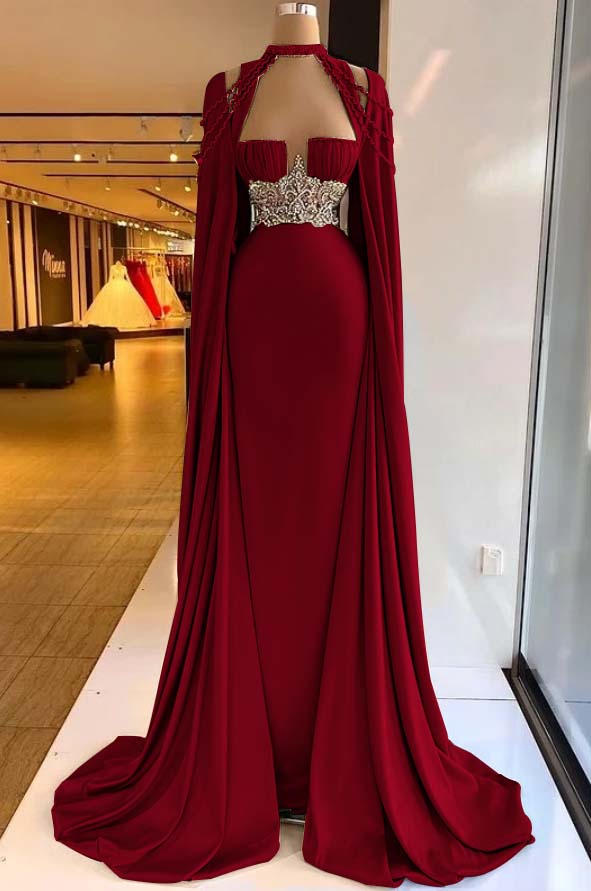 Straps Satin Beading Floor-Length Mermaid Prom Dress with Cape