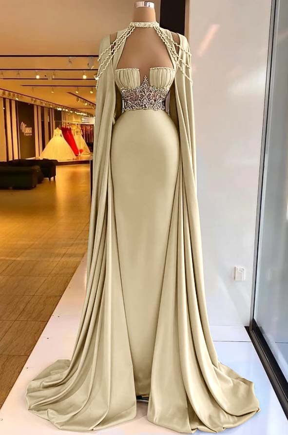 Straps Satin Beading Floor-Length Mermaid Prom Dress with Cape