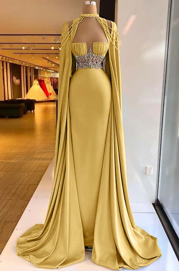 Straps Satin Beading Floor-Length Mermaid Prom Dress with Cape