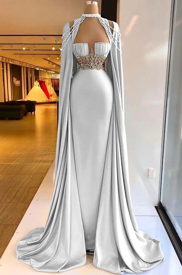 Straps Satin Beading Floor-Length Mermaid Prom Dress with Cape