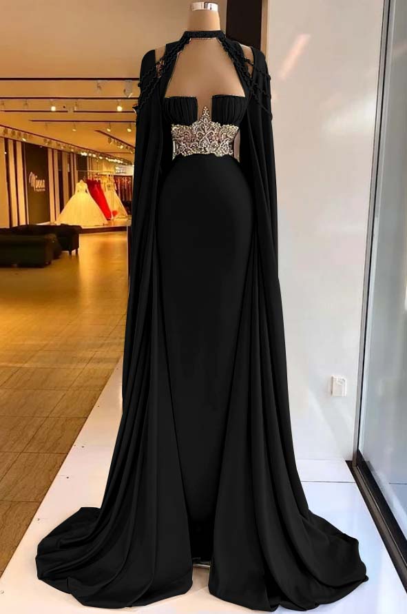 Straps Satin Beading Floor-Length Mermaid Prom Dress with Cape