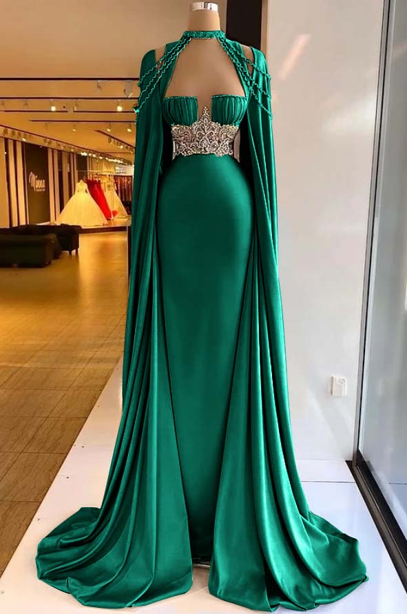 Straps Satin Beading Floor-Length Mermaid Prom Dress with Cape