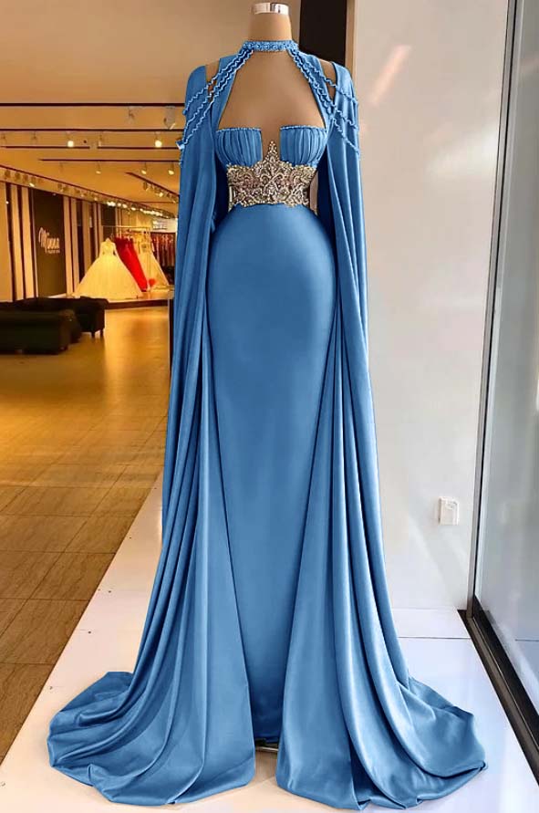 Straps Satin Beading Floor-Length Mermaid Prom Dress with Cape