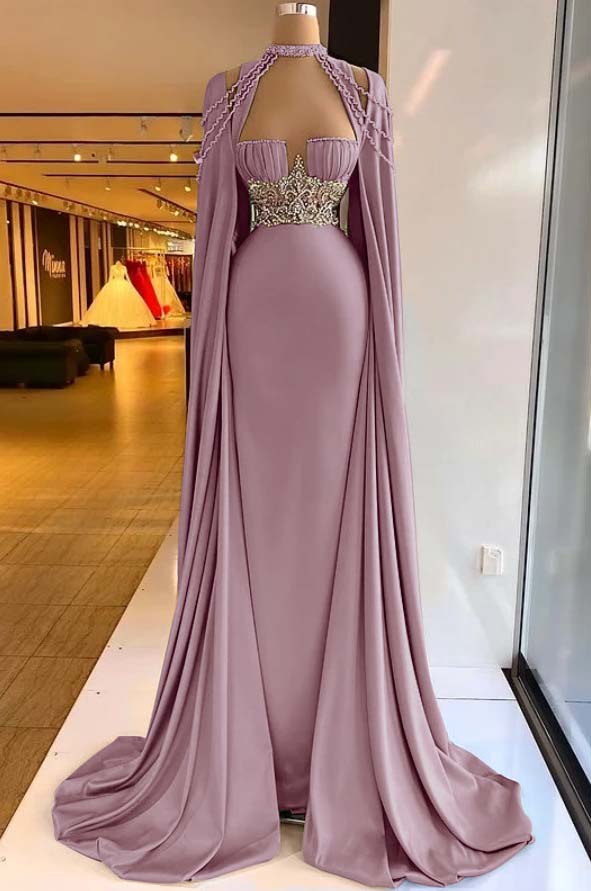 Straps Satin Beading Floor-Length Mermaid Prom Dress with Cape