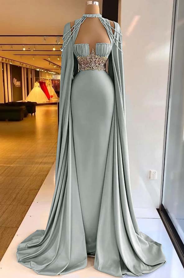 Straps Satin Beading Floor-Length Mermaid Prom Dress with Cape