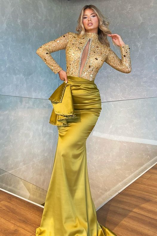 High Neck Long Sleeves Sequins Satin Ruched Floor-Length Mermaid Evening Dress