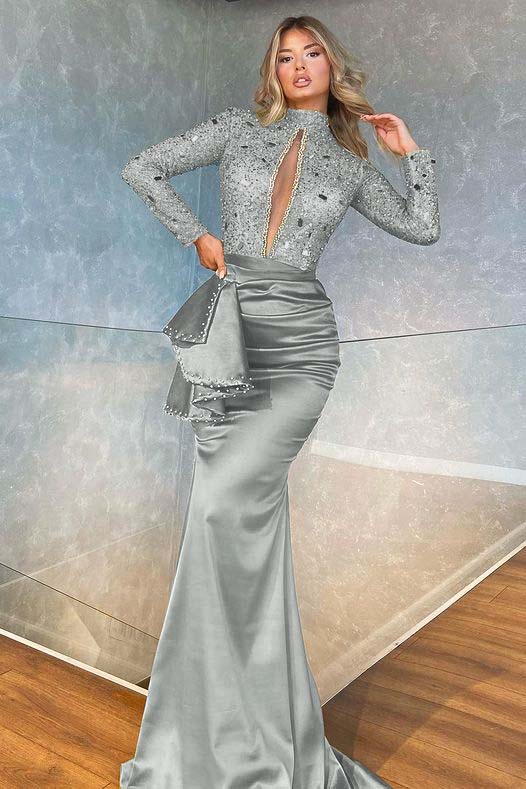 High Neck Long Sleeves Sequins Satin Ruched Floor-Length Mermaid Evening Dress