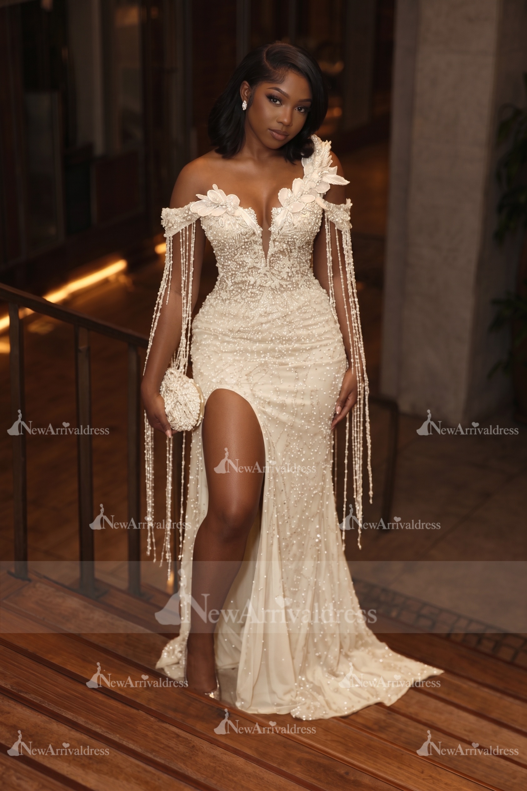 Asymmetric  Sequins Prom Dress Sleeveless Mermaid Gold Evening Gown with Tassels