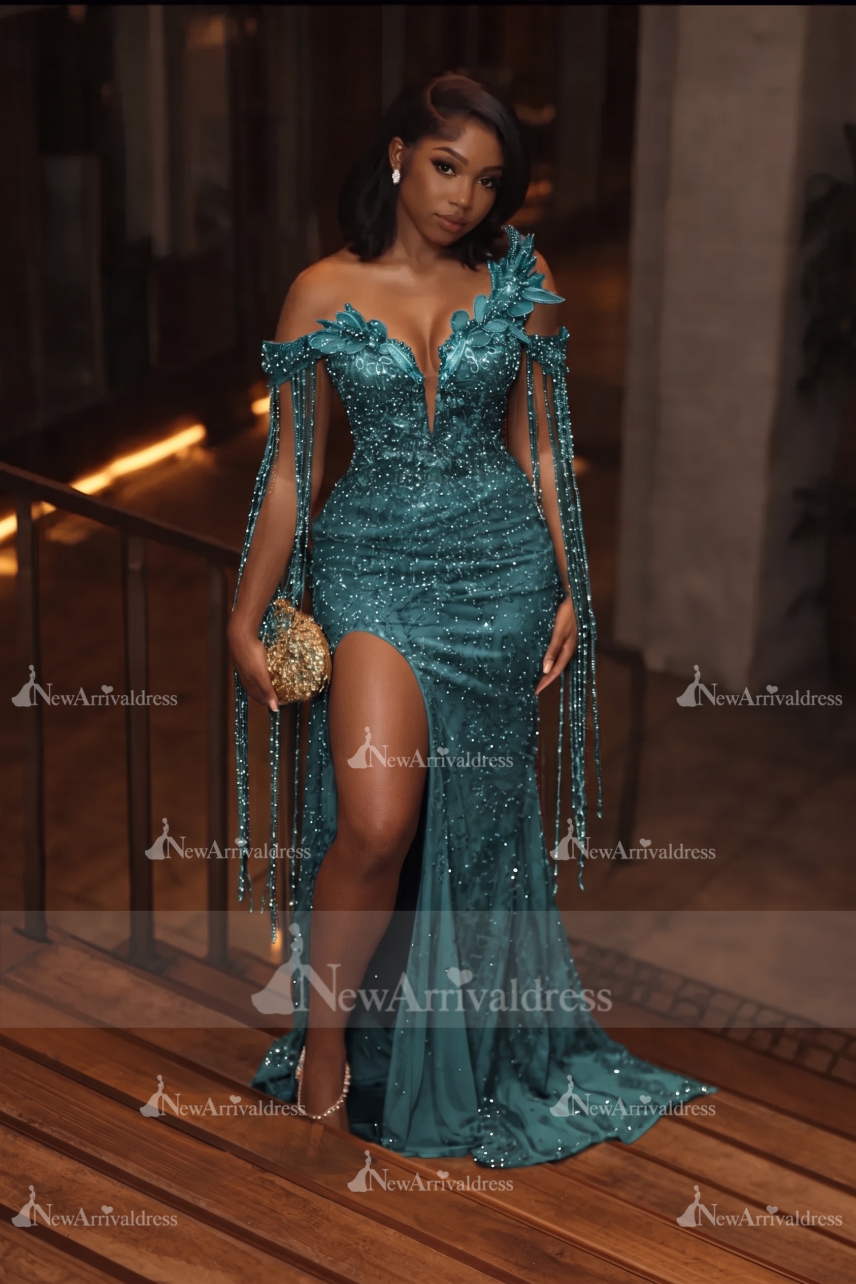 Asymmetric  Sequins Prom Dress Sleeveless Mermaid Gold Evening Gown with Tassels