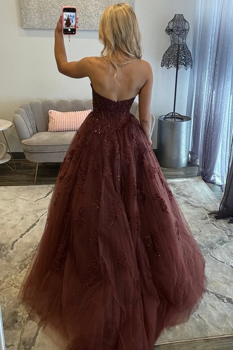 Brown Sweetheart Tulle Lace Appliques Long A-Line Prom Dress 