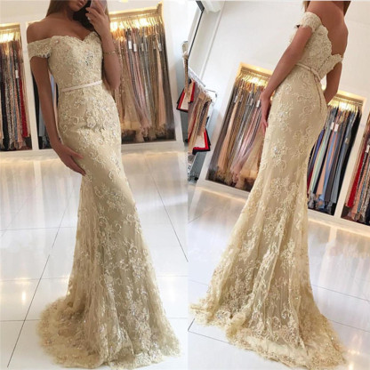 Delicate Lace Mermaid Off-the-shoulder Zipper Button Back Prom Dress BA6944