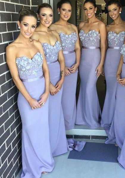 Lavender Mermaid Long Bridesmaid Dresses Sweetheart Handmade Flowers Maid of Honor Dresses