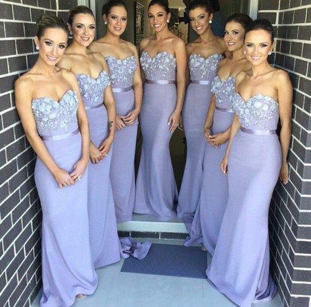 Lavender Mermaid Long Bridesmaid Dresses Sweetheart Handmade Flowers Maid of Honor Dresses