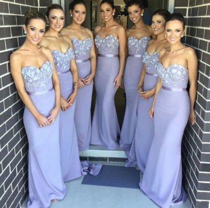 Lavender Mermaid Long Bridesmaid Dresses Sweetheart Handmade Flowers Maid of Honor Dresses