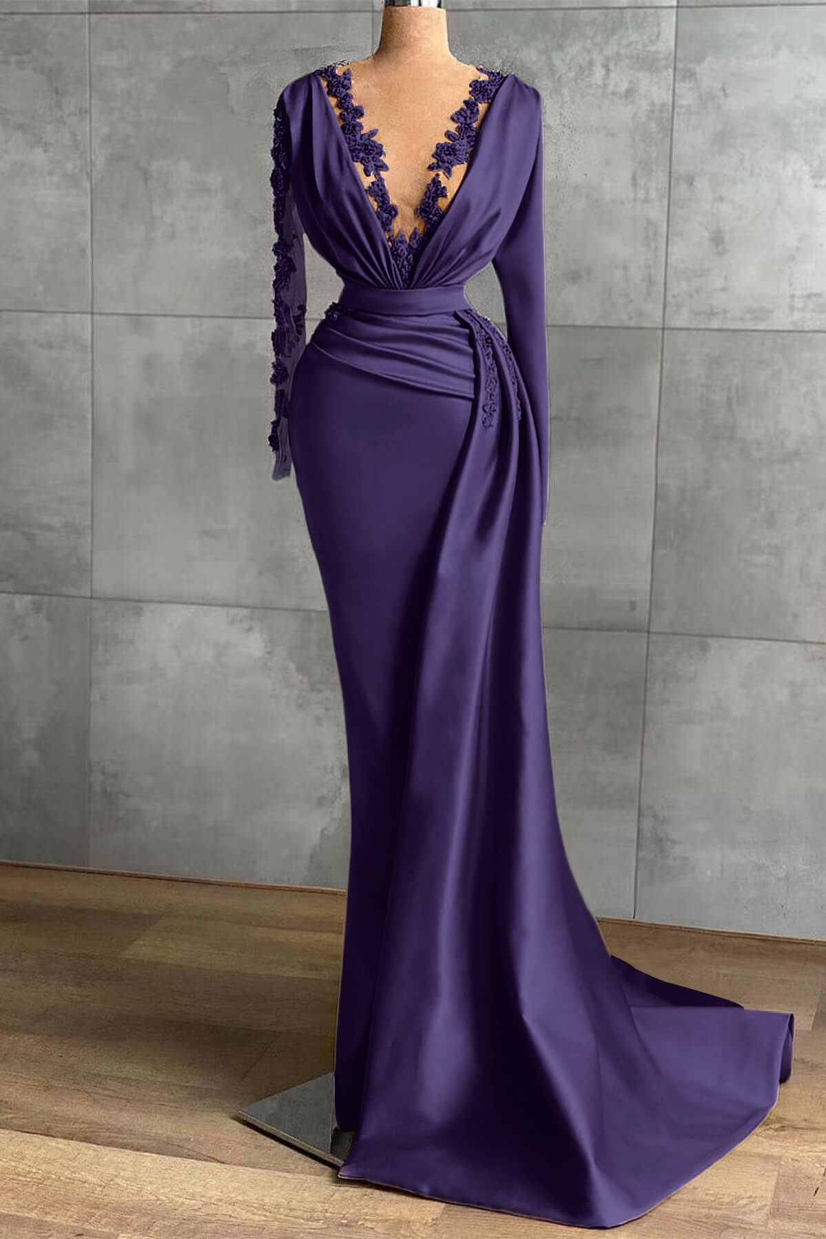 V-Neck Satin Long Sleeves Lace Appliques Long Mermaid Evening Dress