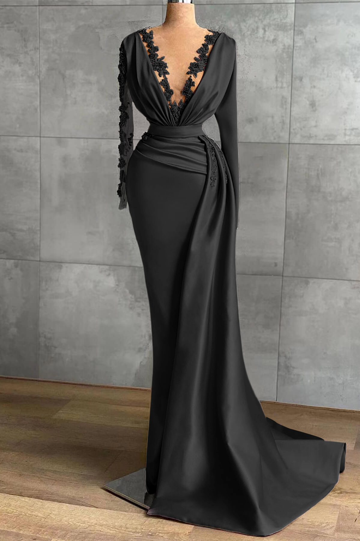 V-Neck Satin Long Sleeves Lace Appliques Long Mermaid Evening Dress