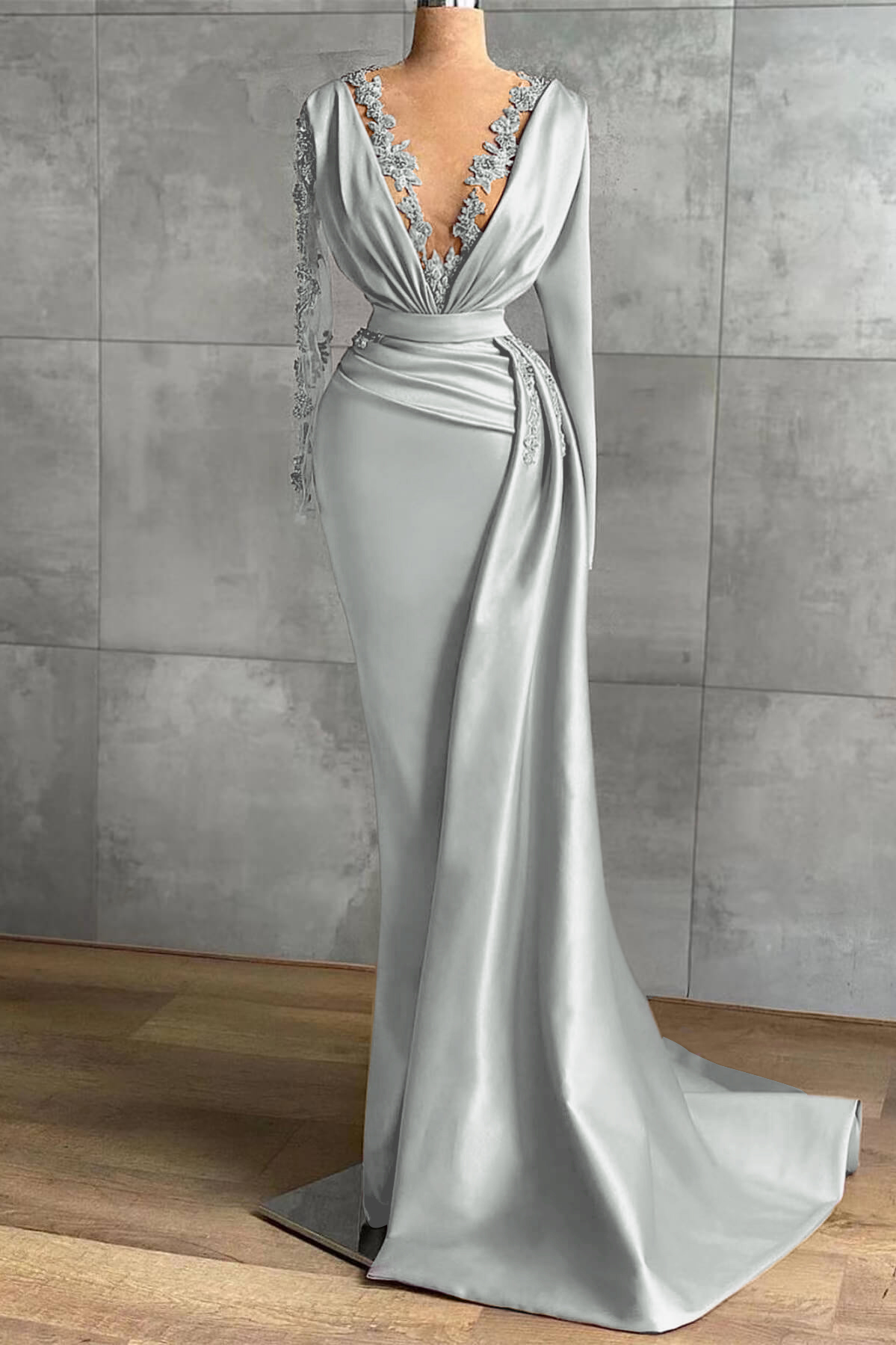 V-Neck Satin Long Sleeves Lace Appliques Long Mermaid Evening Dress