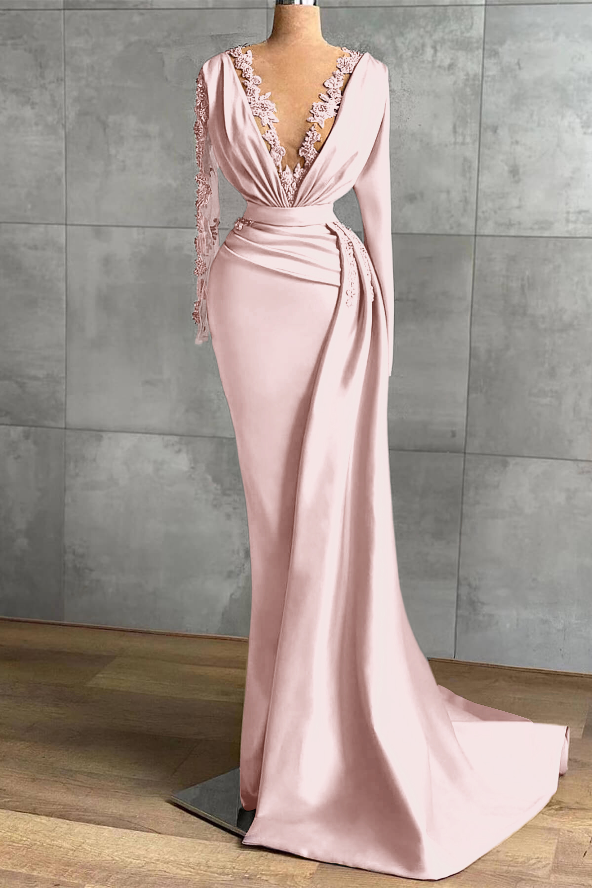 V-Neck Satin Long Sleeves Lace Appliques Long Mermaid Evening Dress