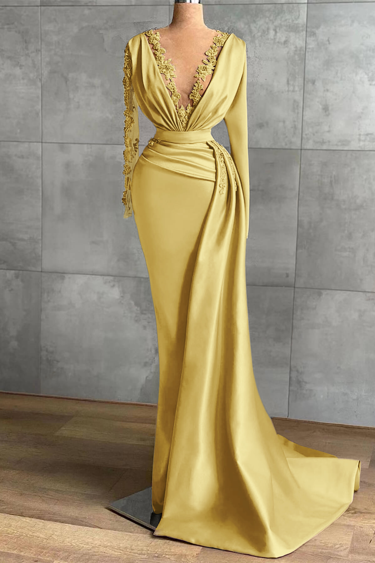 V-Neck Satin Long Sleeves Lace Appliques Long Mermaid Evening Dress