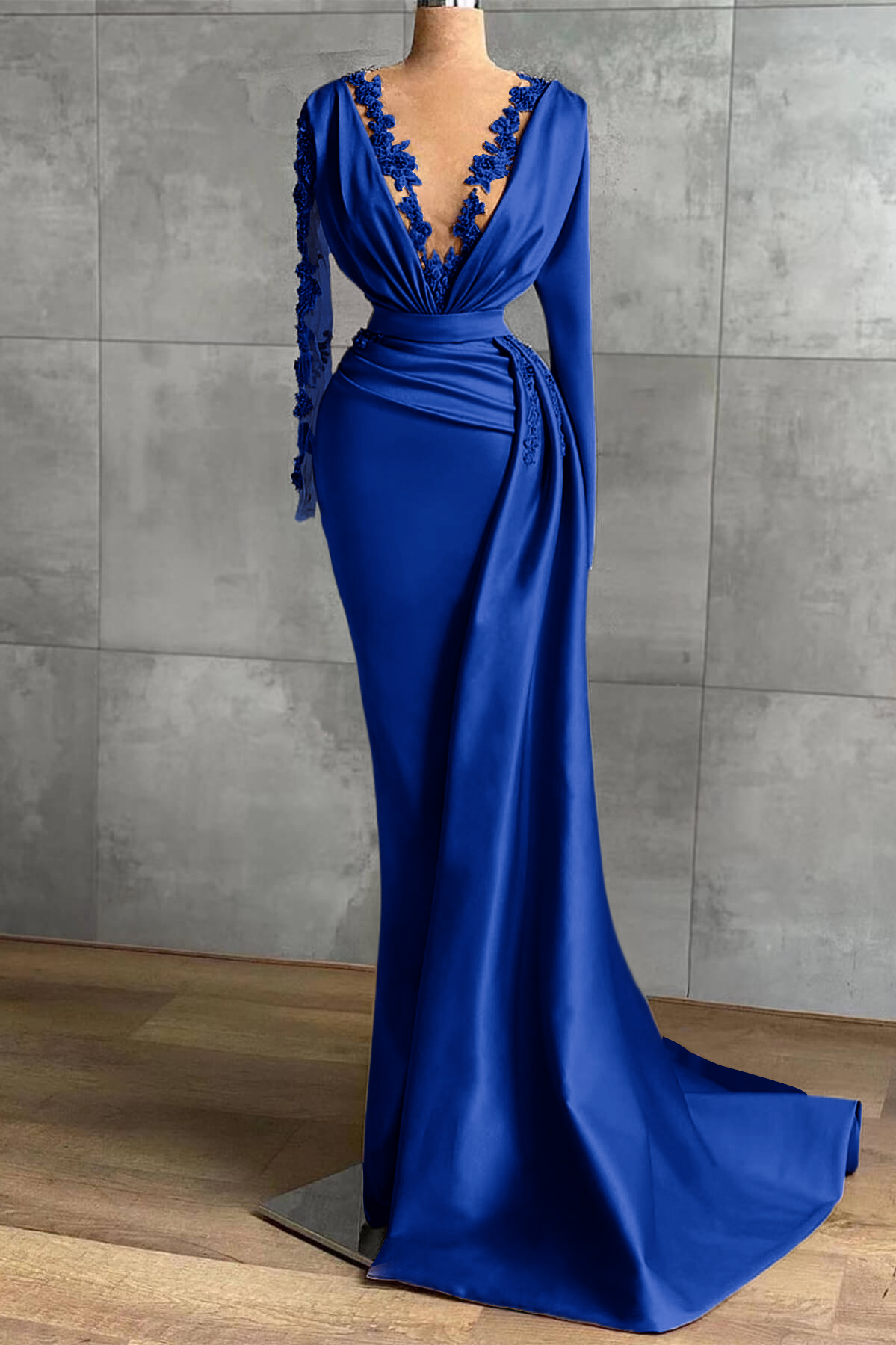 V-Neck Satin Long Sleeves Lace Appliques Long Mermaid Evening Dress