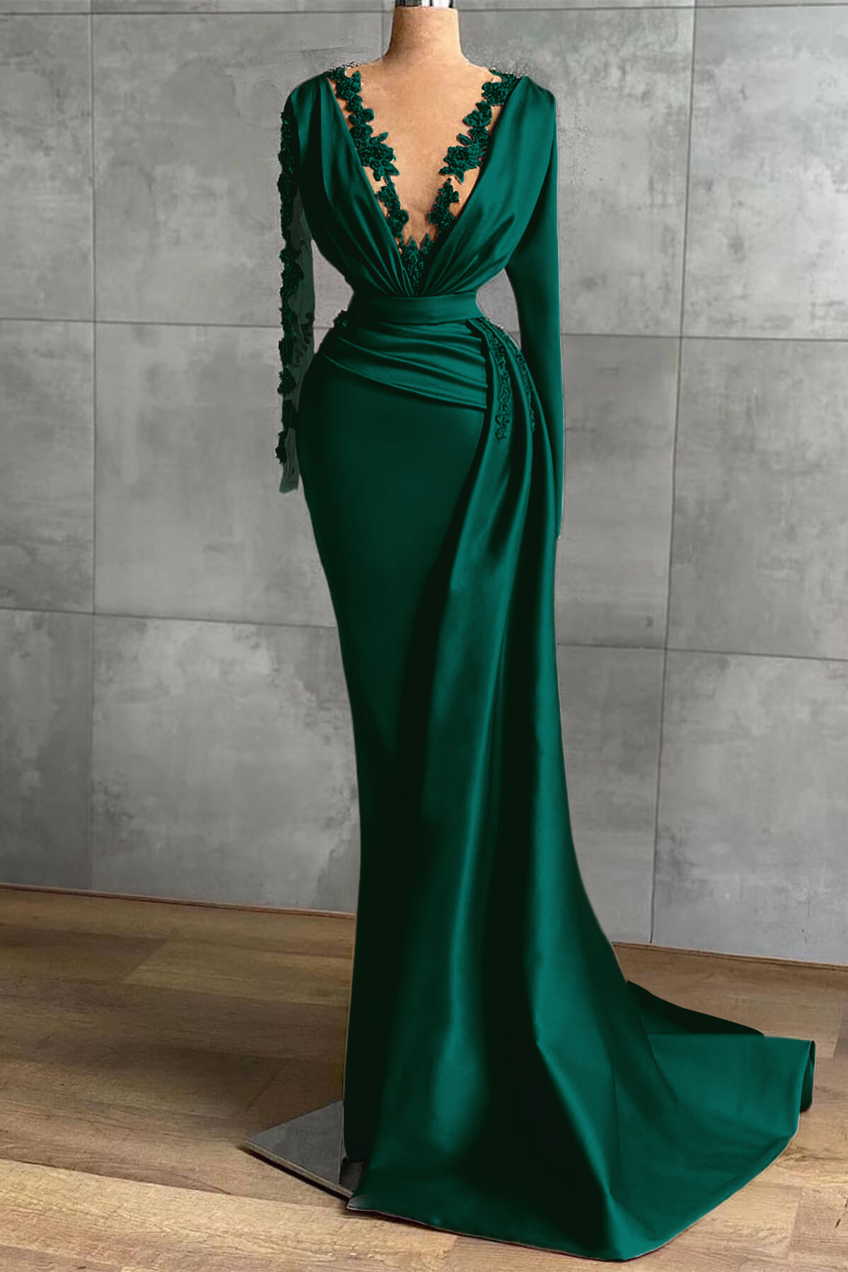 V-Neck Satin Long Sleeves Lace Appliques Long Mermaid Evening Dress