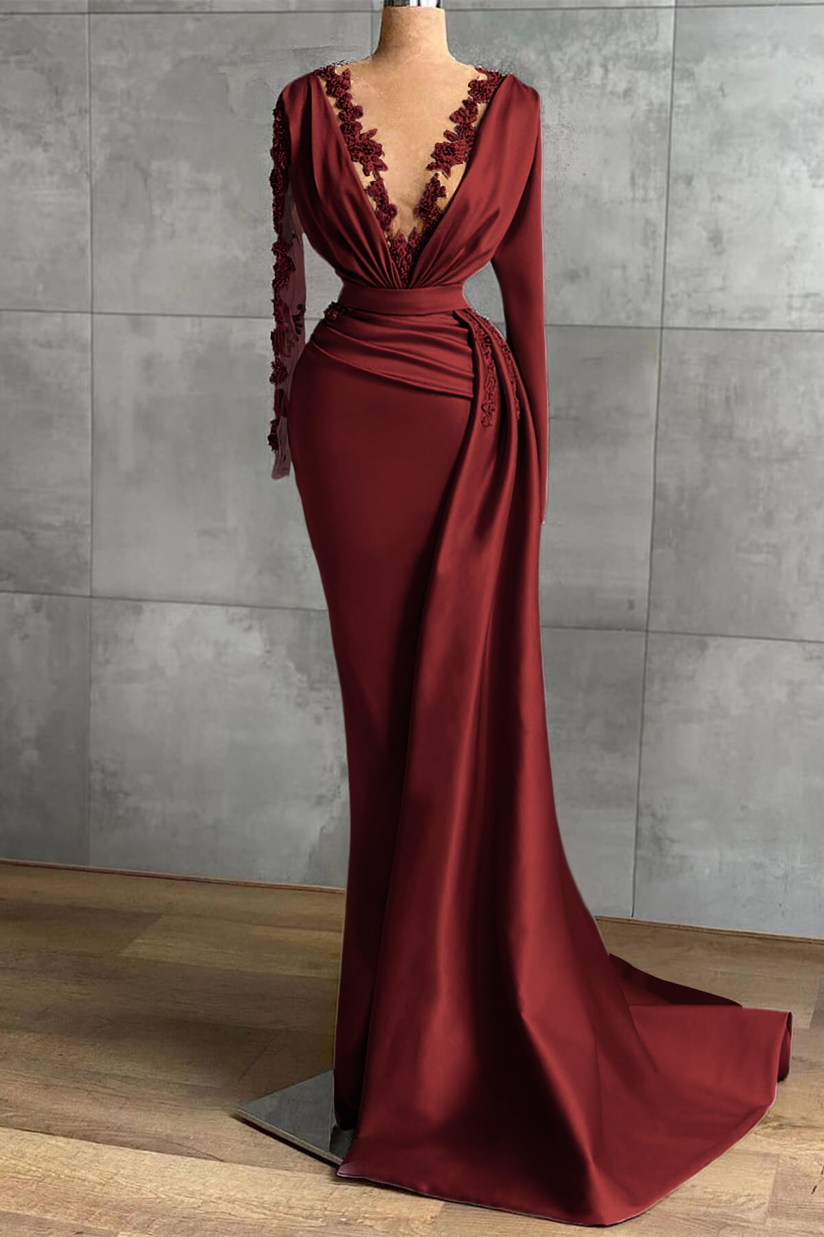 V-Neck Satin Long Sleeves Lace Appliques Long Mermaid Evening Dress