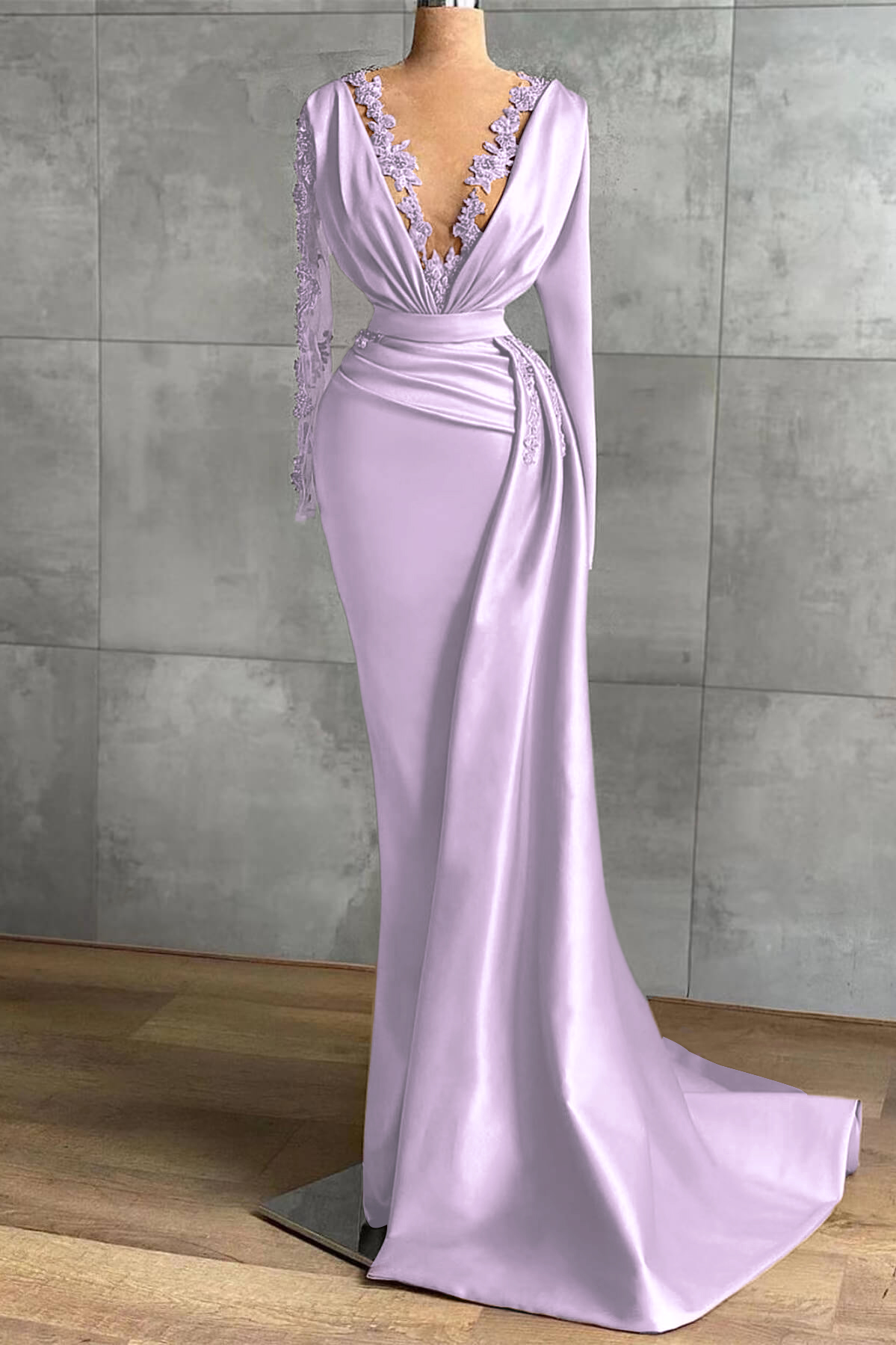 V-Neck Satin Long Sleeves Lace Appliques Long Mermaid Evening Dress