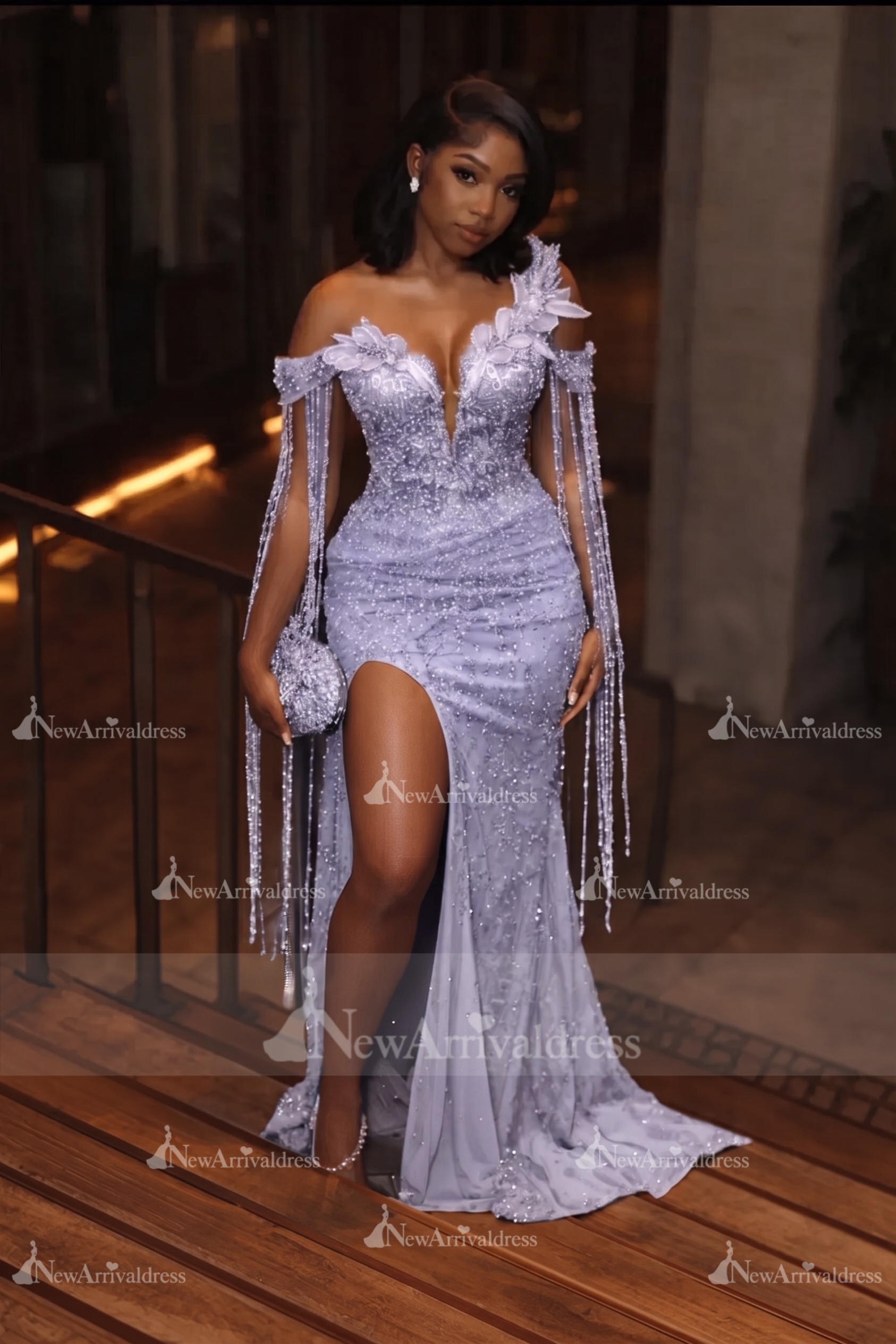 Asymmetric  Sequins Prom Dress Sleeveless Mermaid Gold Evening Gown with Tassels