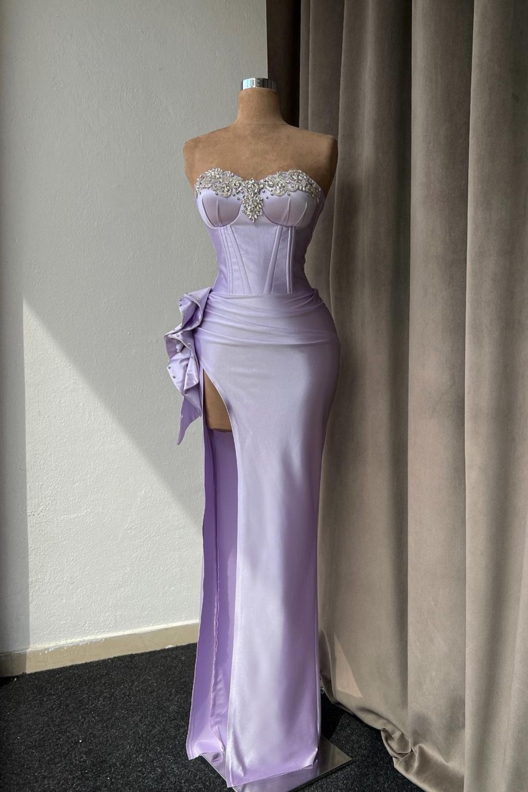 Lilac Sweetheart Satin Corset Beaded Floor-Length Mermaid Evening Dress with Split