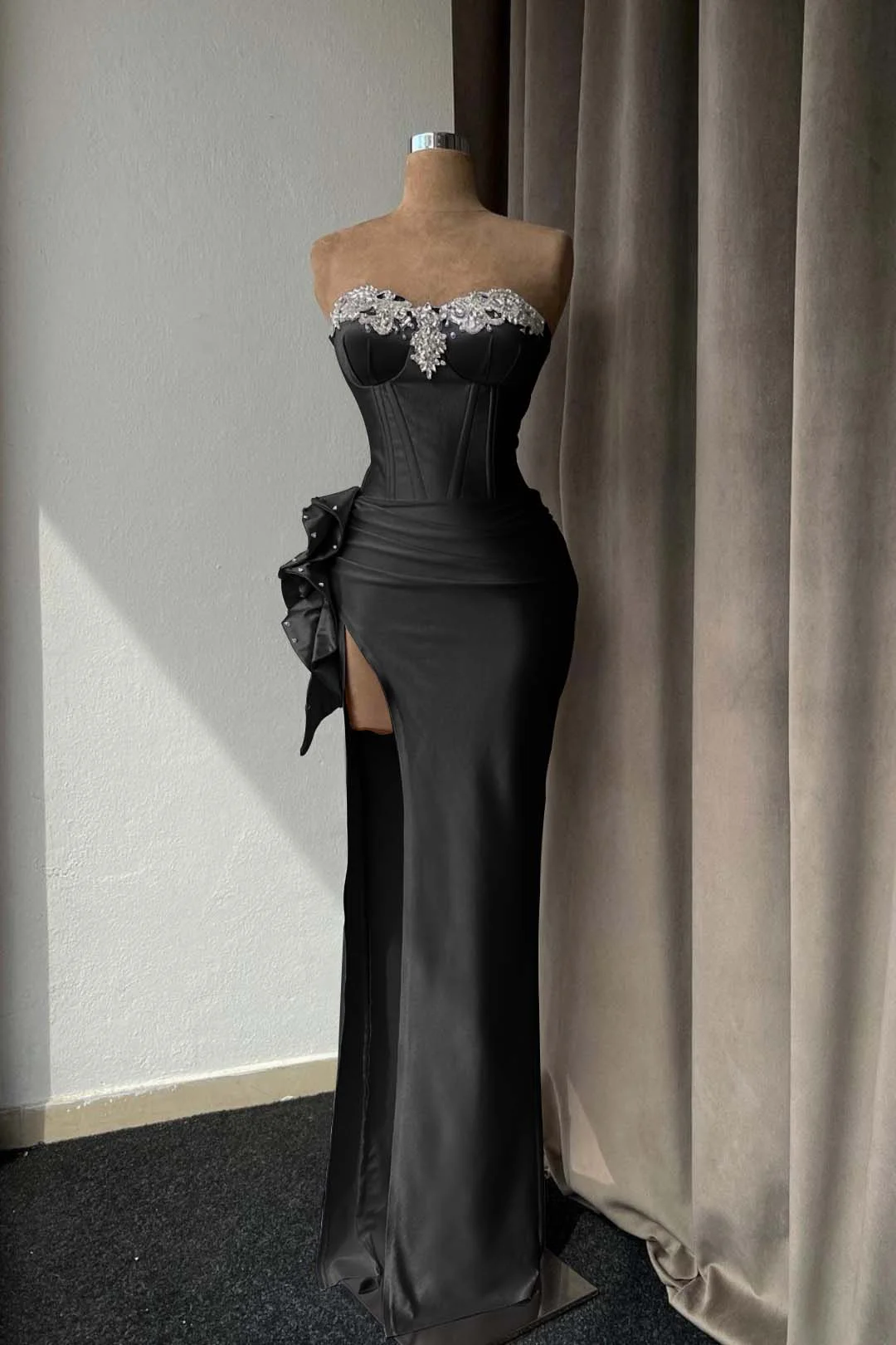 Lilac Sweetheart Satin Corset Beaded Floor-Length Mermaid Evening Dress with Split