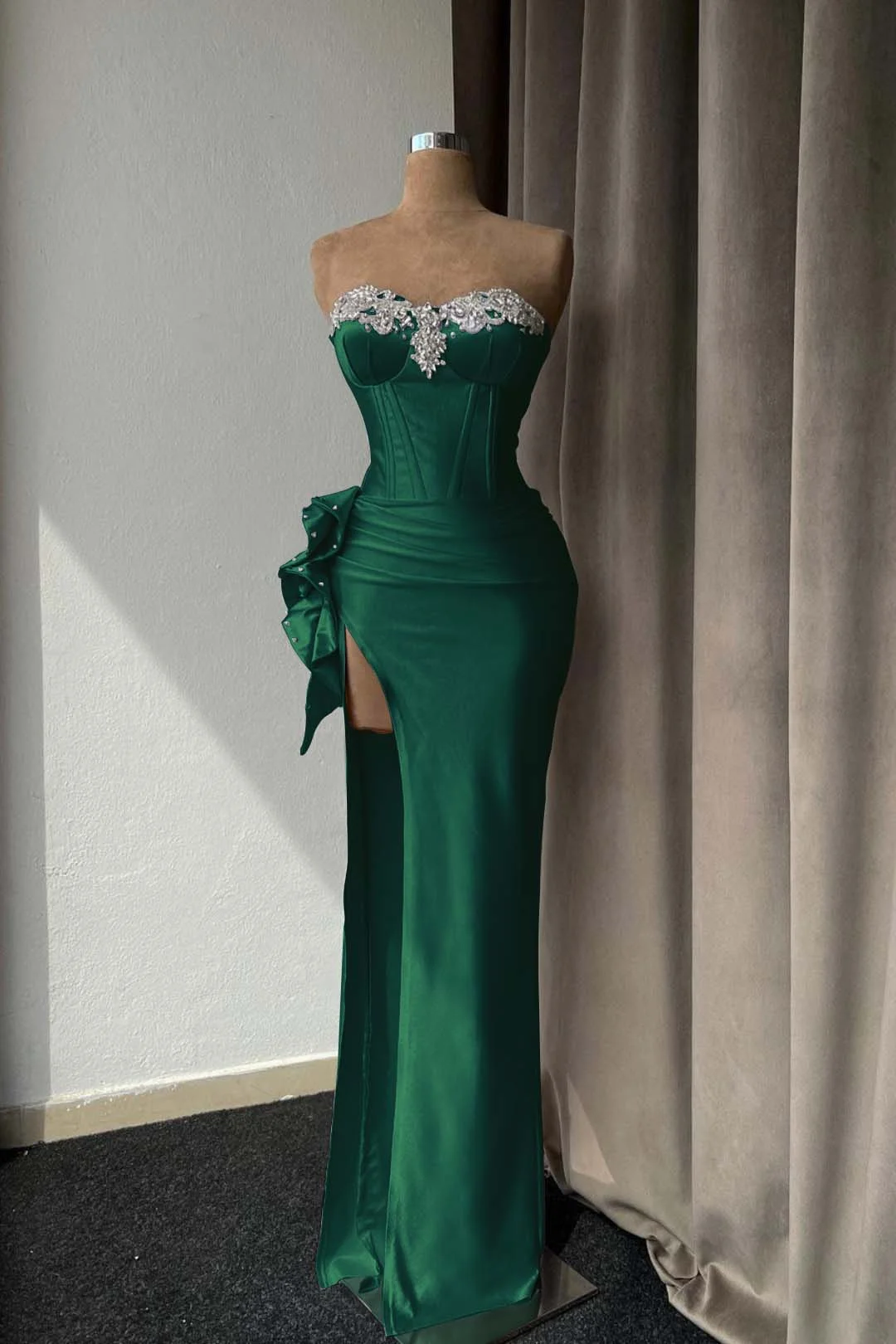 Lilac Sweetheart Satin Corset Beaded Floor-Length Mermaid Evening Dress with Split