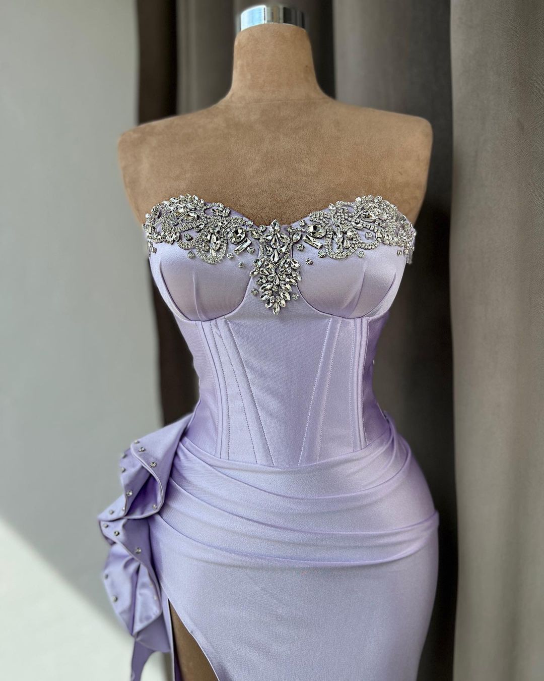 Lilac Sweetheart Satin Corset Beaded Floor-Length Mermaid Evening Dress with Split