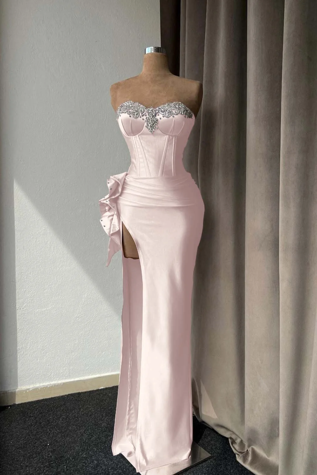 Lilac Sweetheart Satin Corset Beaded Floor-Length Mermaid Evening Dress with Split
