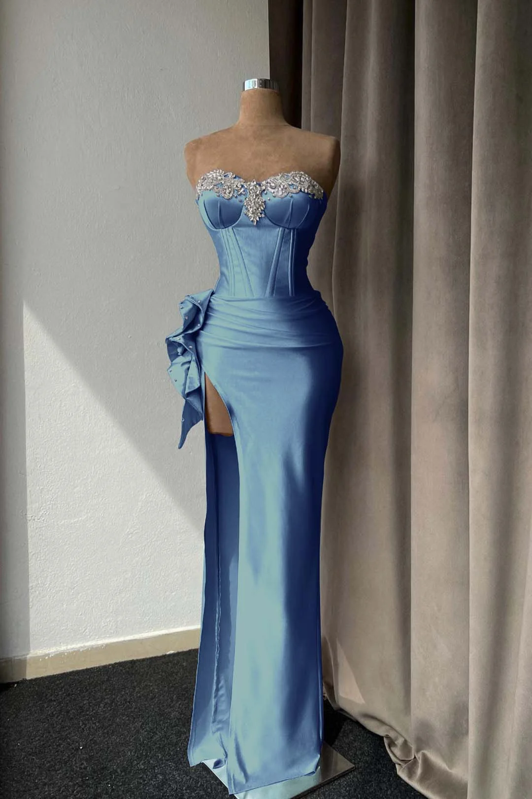 Lilac Sweetheart Satin Corset Beaded Floor-Length Mermaid Evening Dress with Split