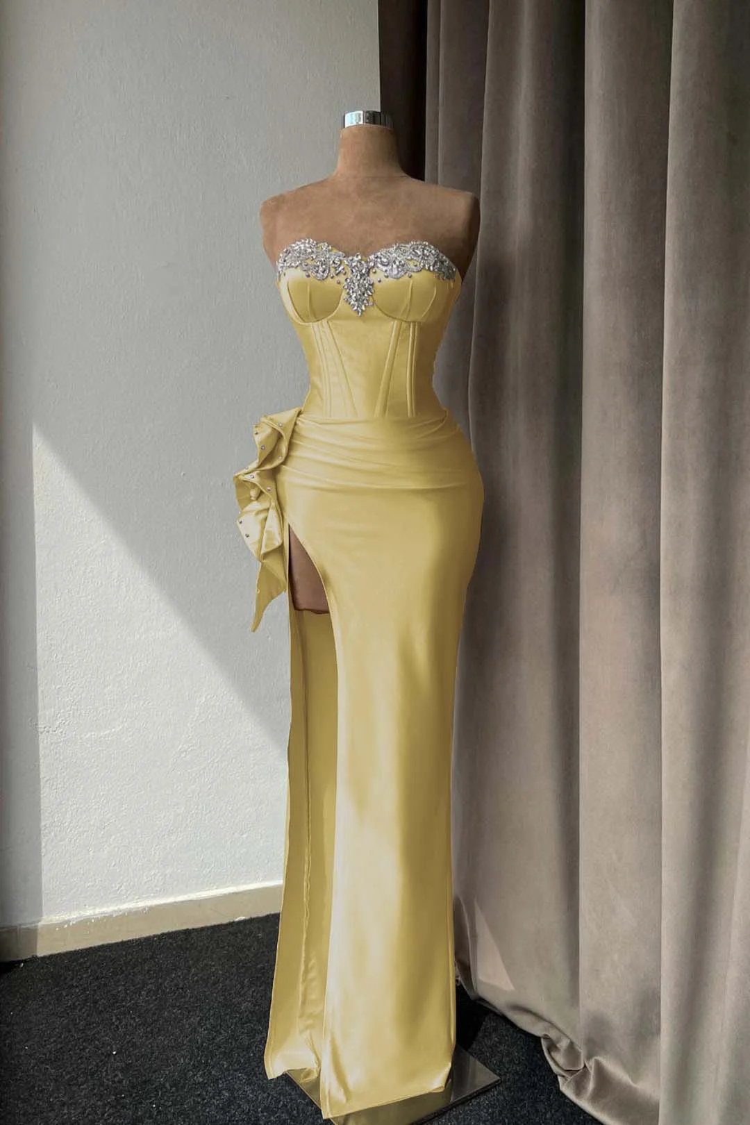 Lilac Sweetheart Satin Corset Beaded Floor-Length Mermaid Evening Dress with Split