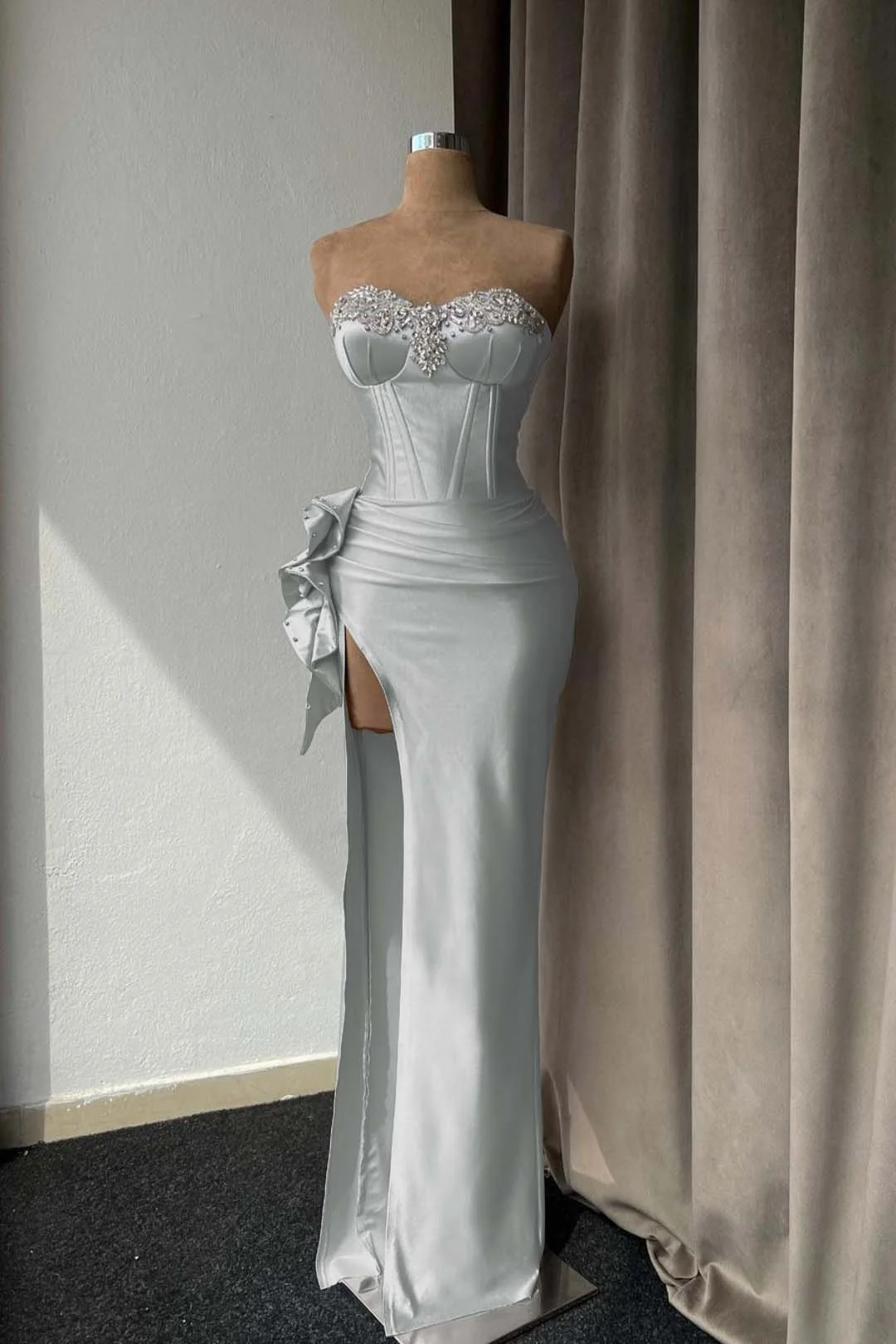 Lilac Sweetheart Satin Corset Beaded Floor-Length Mermaid Evening Dress with Split