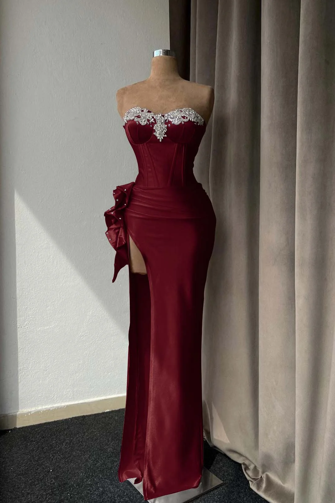 Lilac Sweetheart Satin Corset Beaded Floor-Length Mermaid Evening Dress with Split