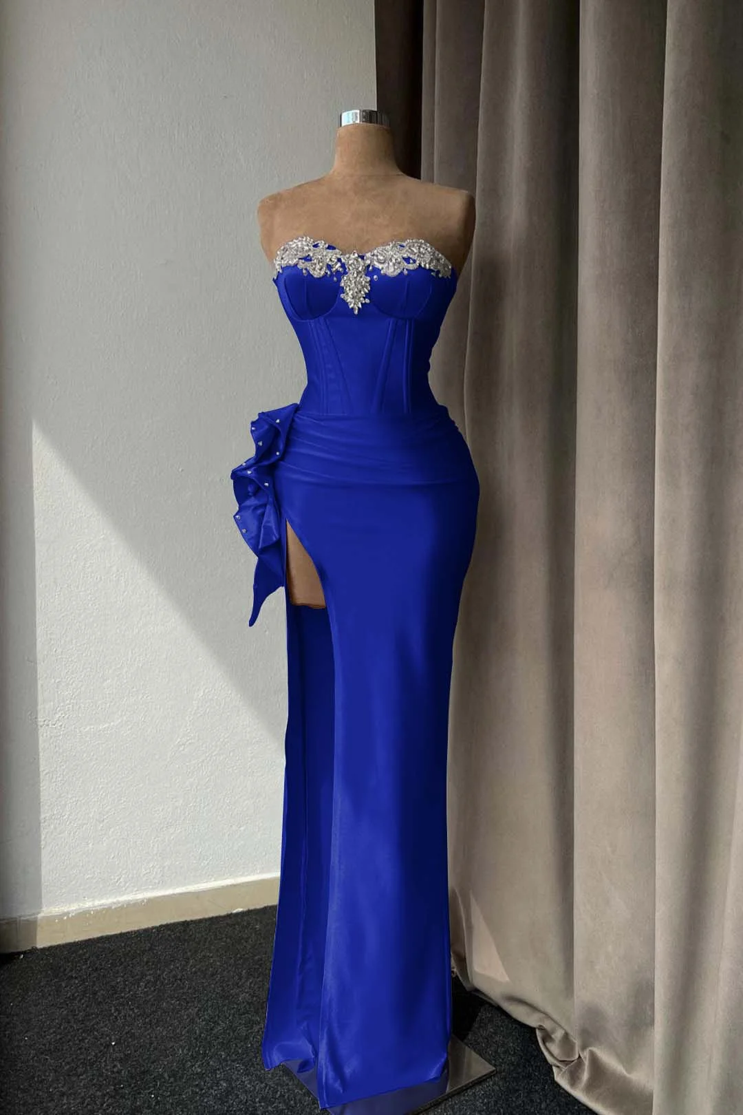 Lilac Sweetheart Satin Corset Beaded Floor-Length Mermaid Evening Dress with Split