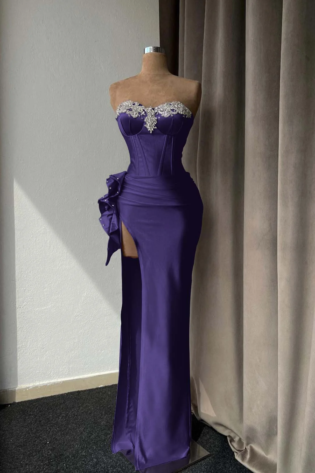 Lilac Sweetheart Satin Corset Beaded Floor-Length Mermaid Evening Dress with Split