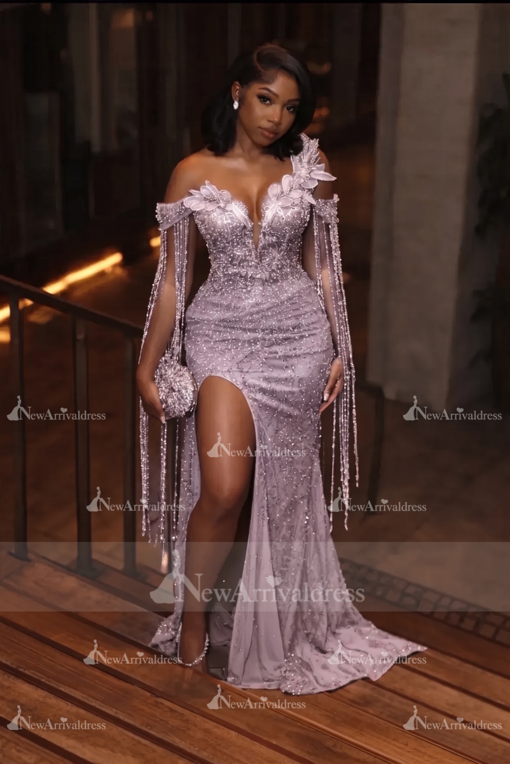Asymmetric  Sequins Prom Dress Sleeveless Mermaid Gold Evening Gown with Tassels
