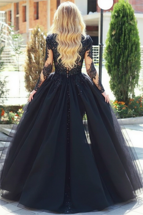 Glamorous Black Tulle Lace Prom Dresses Online | Long Sleeve Formal Gowns with Detachable Skirt BA7963