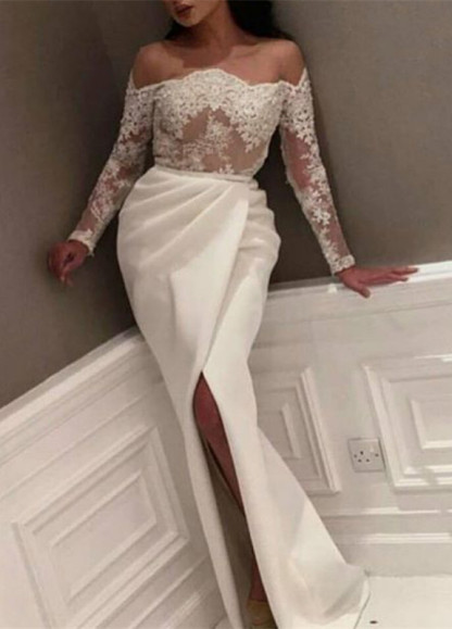  Popular Long Sleeve Lace Appliques Front Split Prom Dress