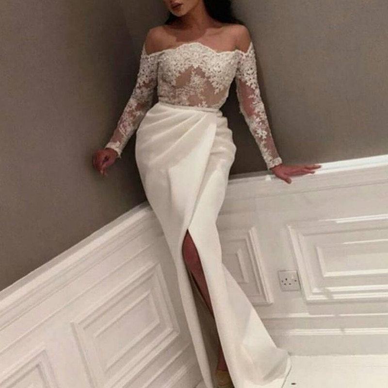 Popular Long Sleeve Lace Appliques Front Split Prom Dress