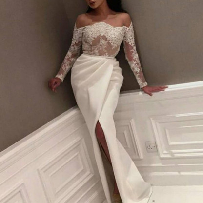  Popular Long Sleeve Lace Appliques Front Split Prom Dress