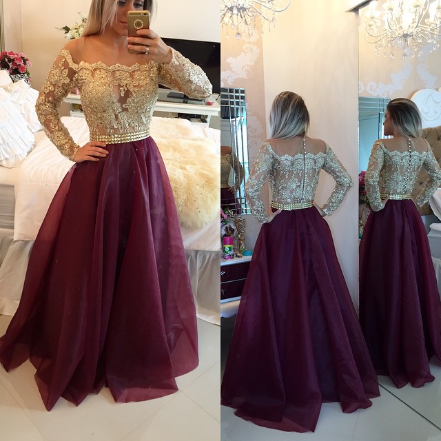 Illusion Long Sleeves Appliques Evening Gowns A-Line Prom Dresses with Buttons