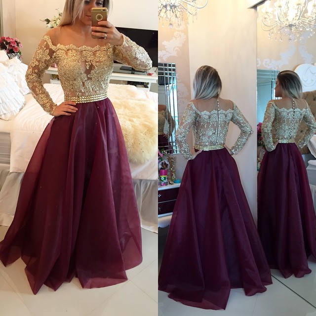 Illusion Long Sleeves Appliques Evening Gowns A-Line Prom Dresses with Buttons