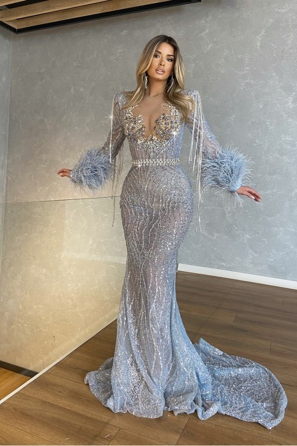 Long Sleeves Sequin Beadings Floor-Length Mermaid Prom Dress with Feathers
