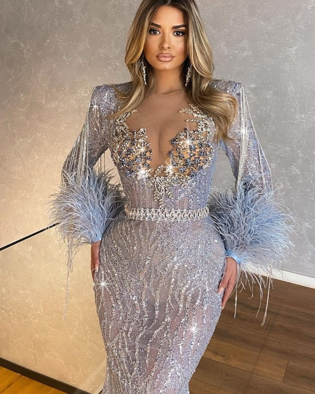 Long Sleeves Sequin Beadings Floor-Length Mermaid Prom Dress with Feathers