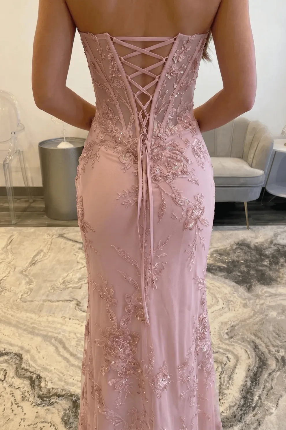 Pink Sweetheart Sequined Lace- up Floor-Length Mermaid Prom Dress with High Split